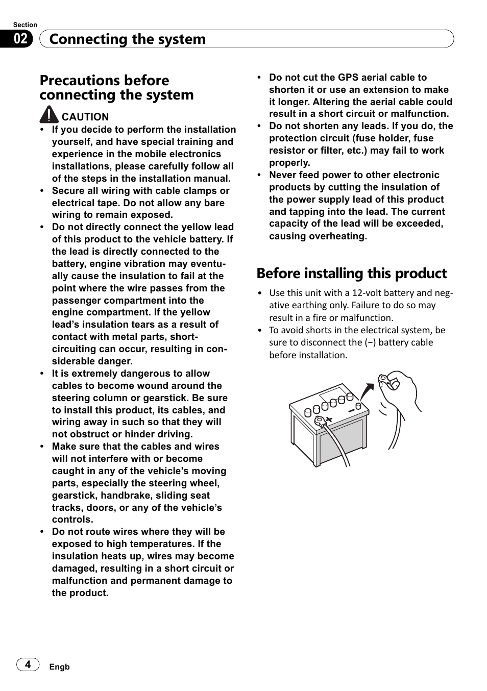 Precautions before connecting, The system, Before installing this product | Connecting the system 02, Precautions before connecting the system | Pioneer SPH-DA100 User Manual | Page 4 / 144
