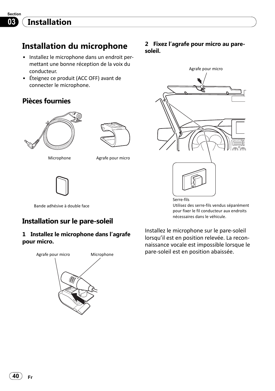Installation du microphone, Pièces fournies, Installation sur le pare-soleil | Installation 03 | Pioneer SPH-DA100 User Manual | Page 40 / 144