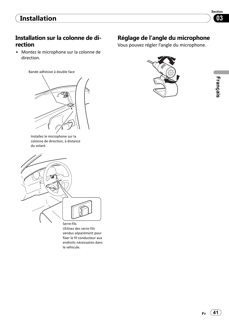 Installation sur la colonne de direction, Réglage de l’angle du microphone, 03 installation | Installation sur la colonne de di- rection | Pioneer SPH-DA100 User Manual | Page 41 / 144