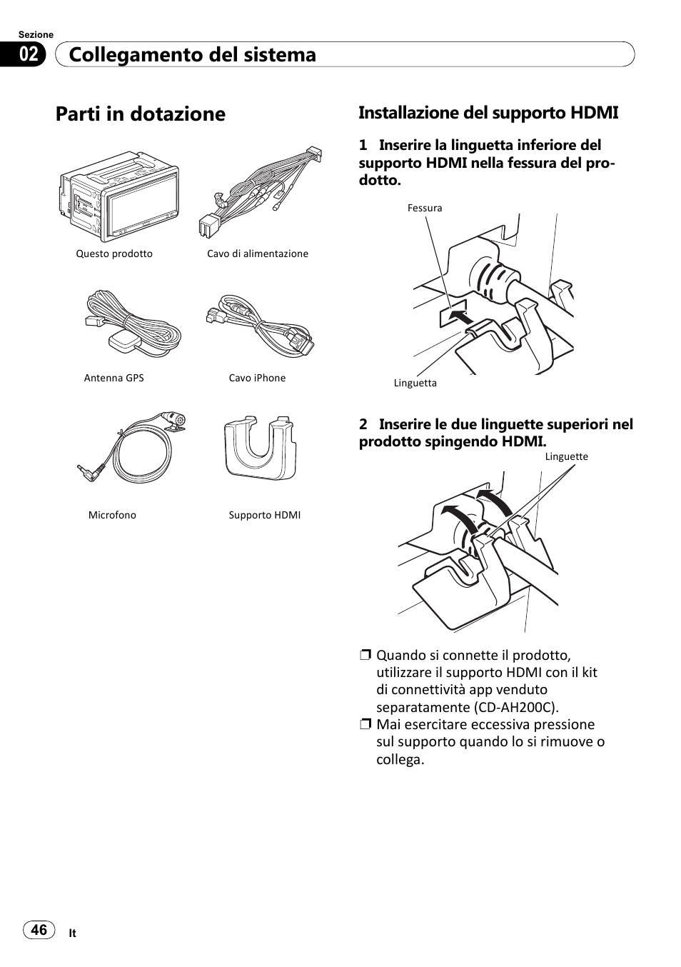 Parti in dotazione, Installazione del supporto hdmi, Collegamento del sistema 02 | Pioneer SPH-DA100 User Manual | Page 46 / 144