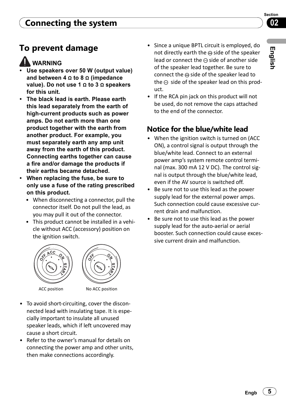 To prevent damage, Notice for the blue/white lead, 02 connecting the system | English | Pioneer SPH-DA100 User Manual | Page 5 / 144