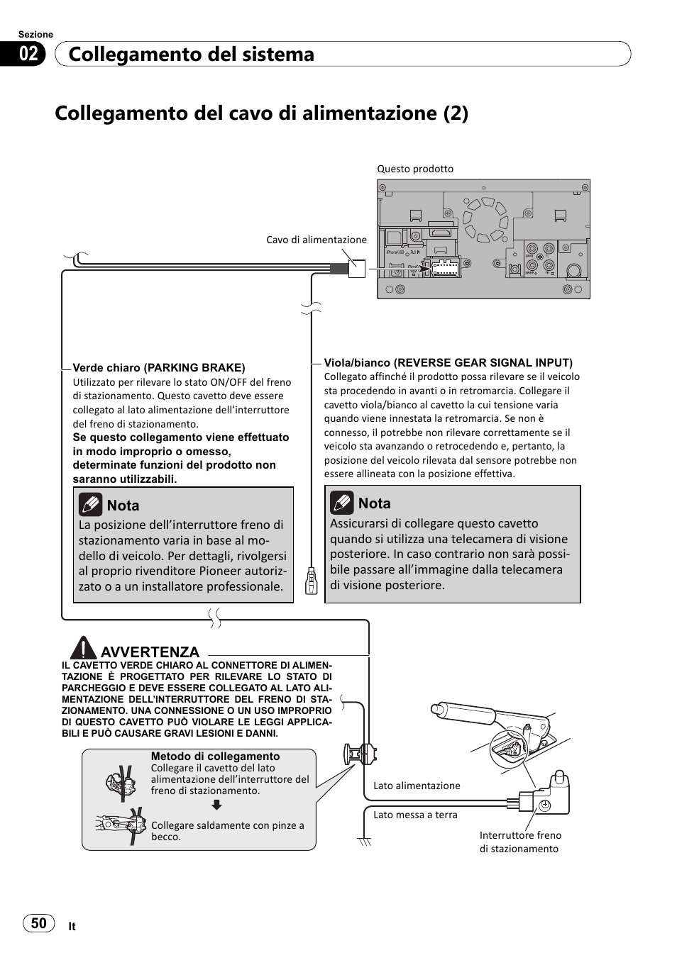 Collegamento del cavo di alimentazione (2), Collegamento del sistema 02 | Pioneer SPH-DA100 User Manual | Page 50 / 144
