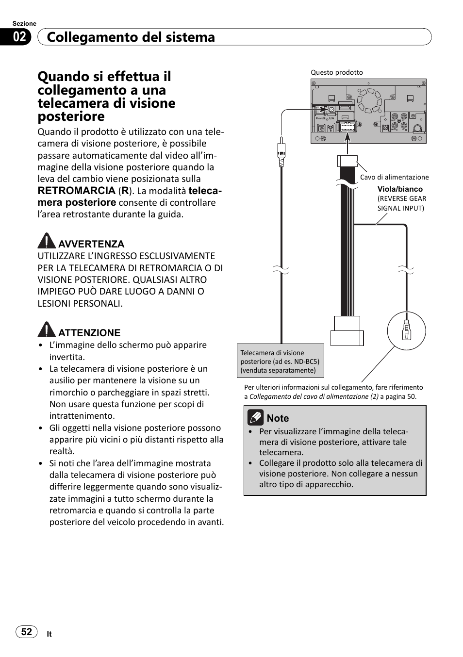 Quando si effettua il collegamento a una, Telecamera di visione posteriore, Collegamento del sistema 02 | Pioneer SPH-DA100 User Manual | Page 52 / 144