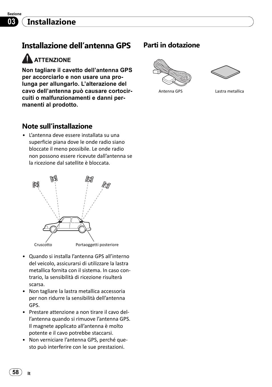 Installazione dell’antenna gps, Note sull’installazione, Parti in dotazione | Installazione 03 | Pioneer SPH-DA100 User Manual | Page 58 / 144