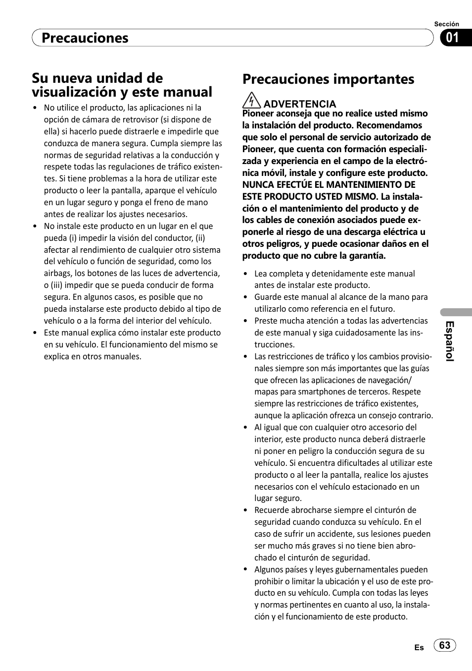 Su nueva unidad de visualización y este, Manual, Precauciones importantes | 01 precauciones, Su nueva unidad de visualización y este manual | Pioneer SPH-DA100 User Manual | Page 63 / 144