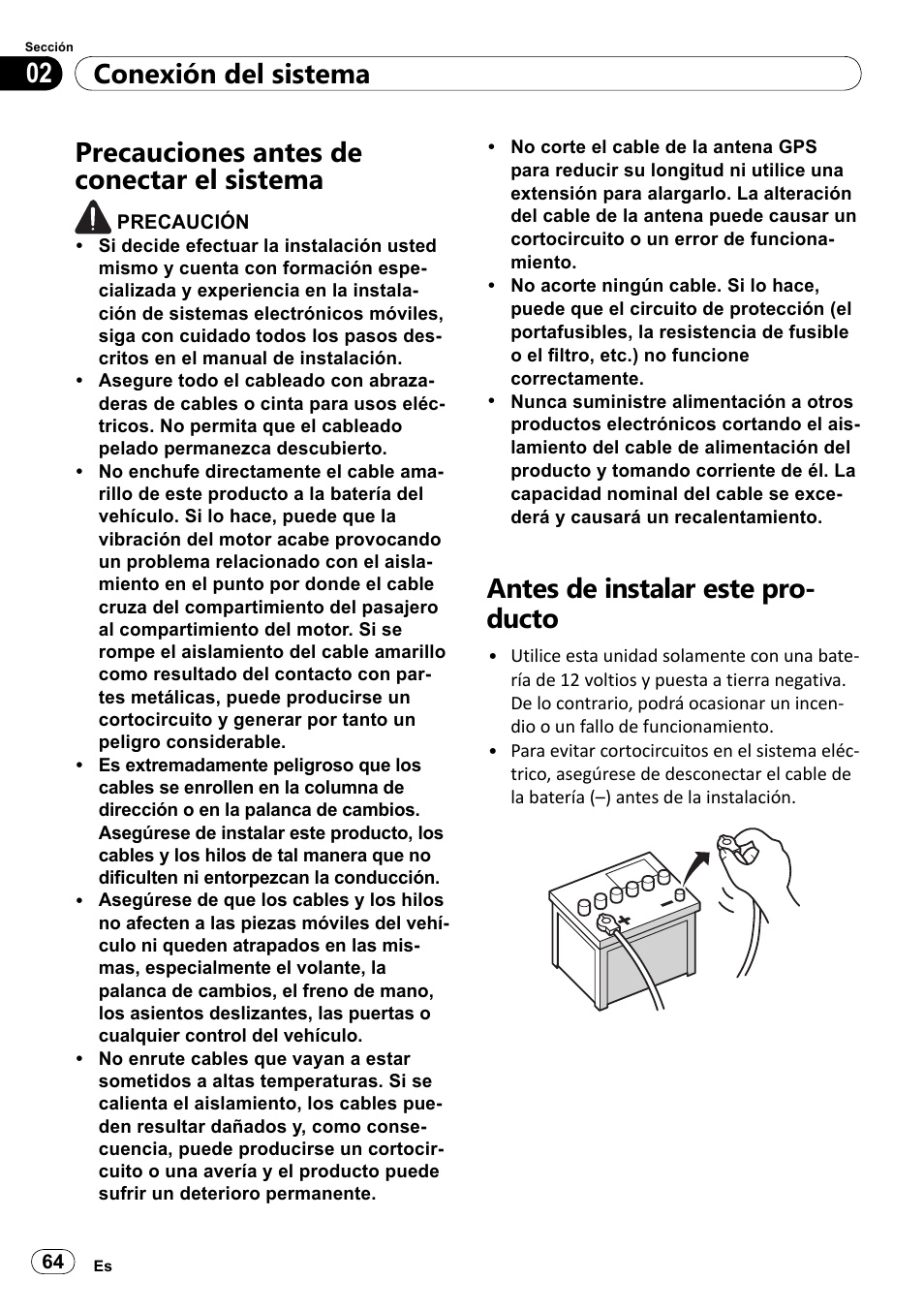 Precauciones antes de conectar el, Sistema, Antes de instalar este producto | Conexión del sistema 02, Precauciones antes de conectar el sistema, Antes de instalar este pro- ducto | Pioneer SPH-DA100 User Manual | Page 64 / 144