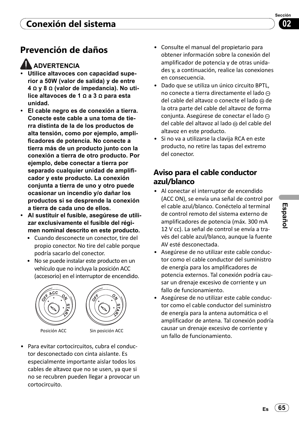 Prevención de daños, Aviso para el cable conductor azul/blanco, 02 conexión del sistema | Pioneer SPH-DA100 User Manual | Page 65 / 144