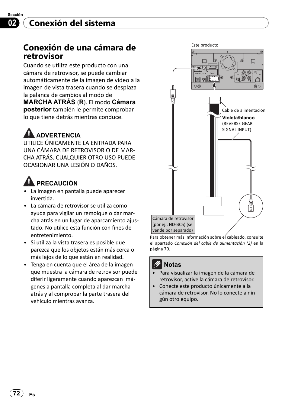 Conexión de una cámara de retrovisor, Conexión del sistema 02 | Pioneer SPH-DA100 User Manual | Page 72 / 144