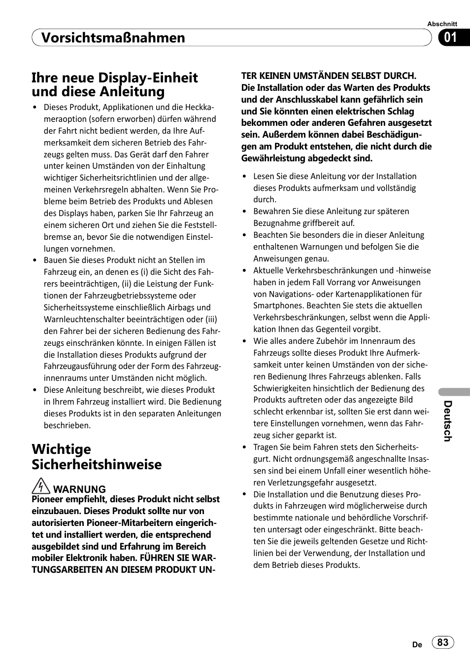 Ihre neue display-einheit und diese, Anleitung, Wichtige sicherheitshinweise | 01 vorsichtsmaßnahmen, Ihre neue display-einheit und diese anleitung | Pioneer SPH-DA100 User Manual | Page 83 / 144