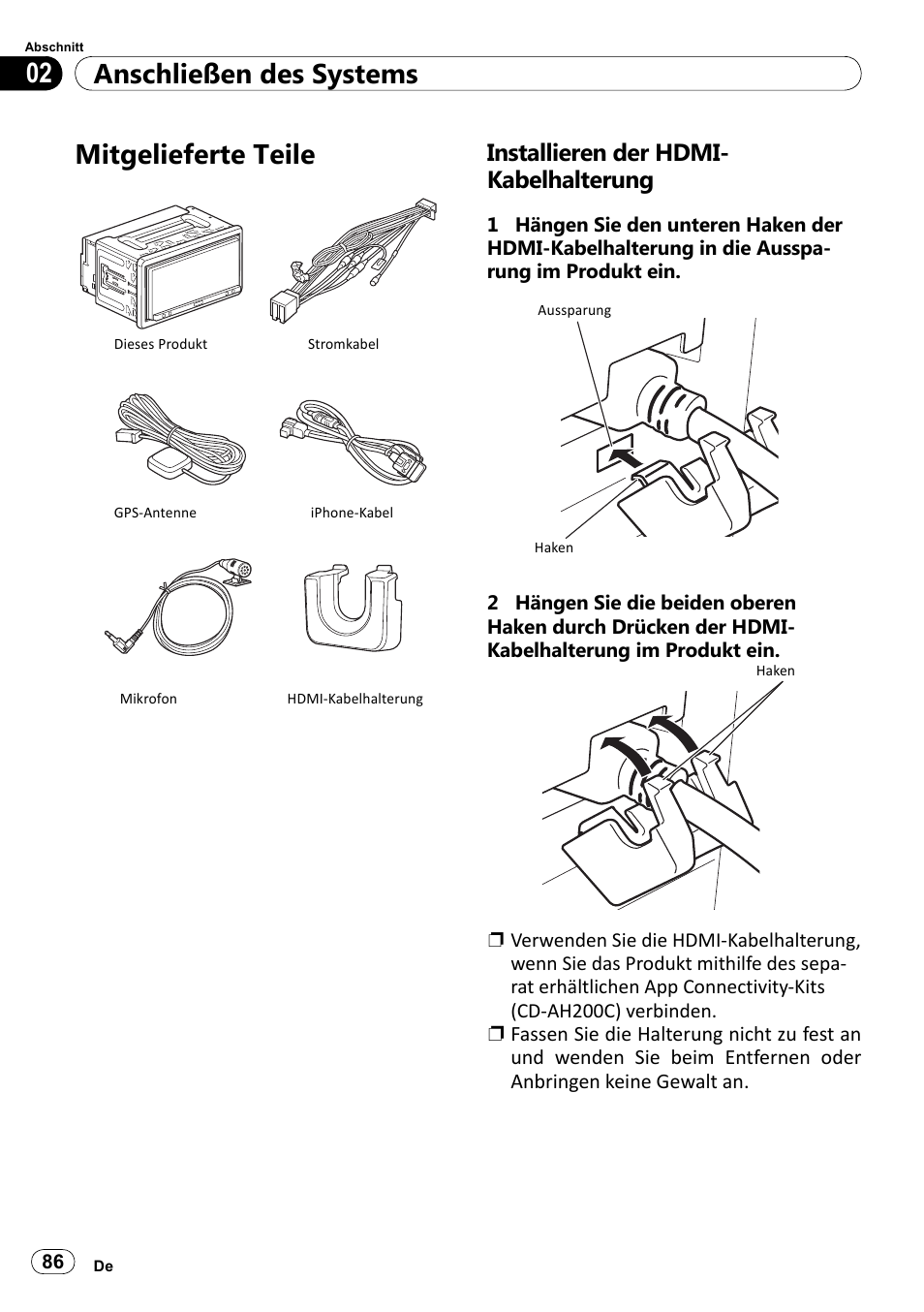 Mitgelieferte teile, Installieren der hdmi-kabelhalterung, Anschließen des systems 02 | Installieren der hdmi- kabelhalterung | Pioneer SPH-DA100 User Manual | Page 86 / 144