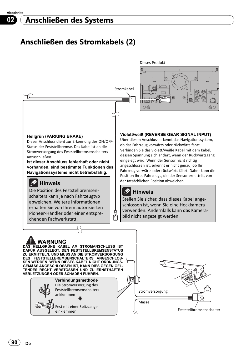 Anschließen des stromkabels (2), Anschließen des systems 02 | Pioneer SPH-DA100 User Manual | Page 90 / 144