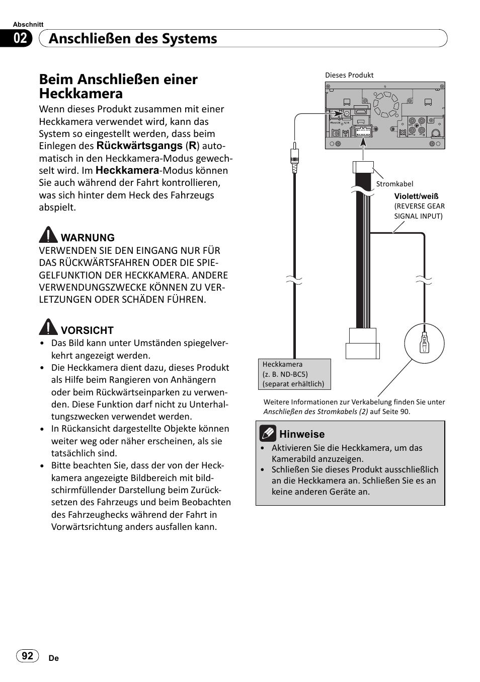 Beim anschließen einer heckkamera, Anschließen des systems 02 | Pioneer SPH-DA100 User Manual | Page 92 / 144