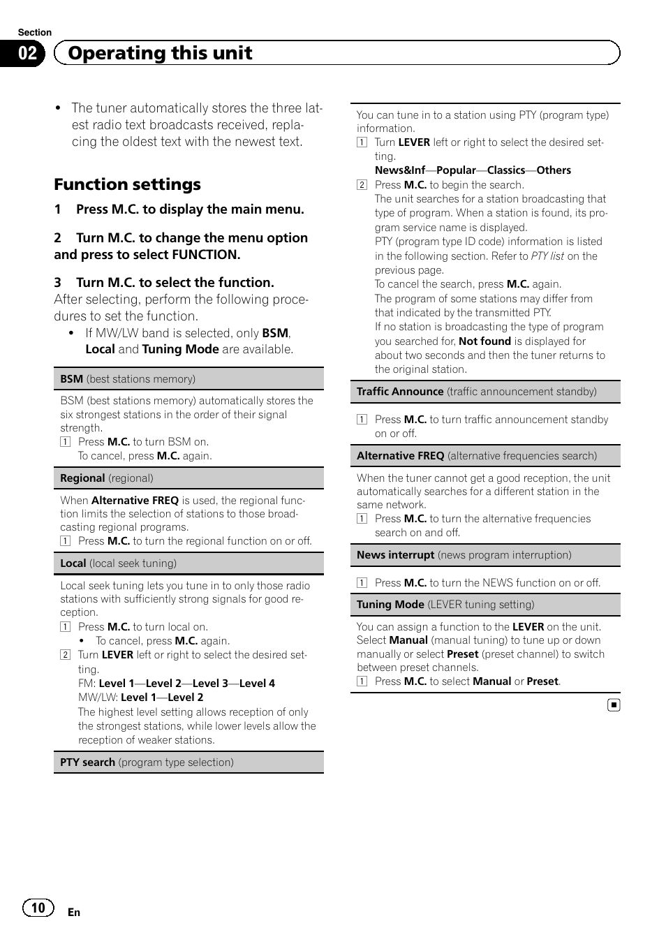 02 operating this unit, Function settings | Pioneer DEH-6400BT User Manual | Page 10 / 36
