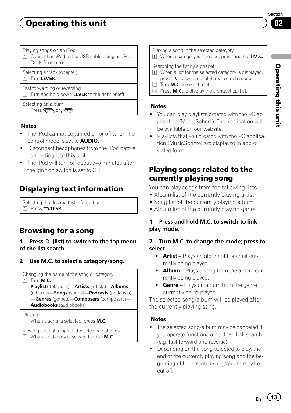 Operating this unit, Displaying text information, Browsing for a song | Pioneer DEH-6400BT User Manual | Page 13 / 36