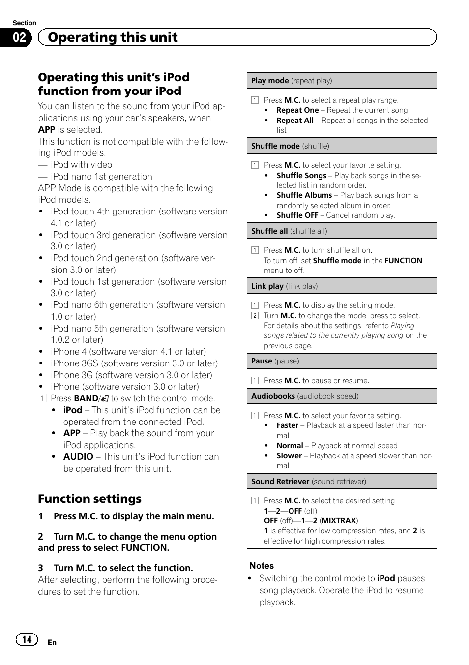 02 operating this unit, Function settings | Pioneer DEH-6400BT User Manual | Page 14 / 36