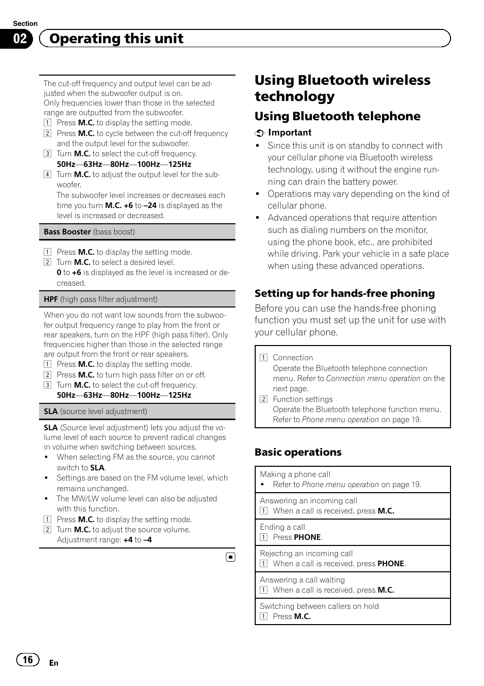 Using bluetooth wireless technology, 02 operating this unit, Using bluetooth telephone | Setting up for hands-free phoning, Basic operations | Pioneer DEH-6400BT User Manual | Page 16 / 36