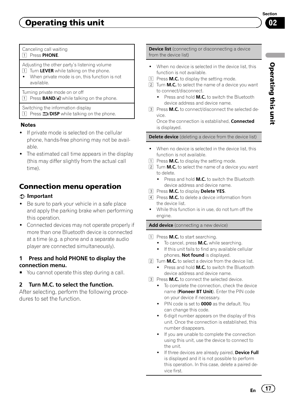 Connection menu operation, Operating this unit | Pioneer DEH-6400BT User Manual | Page 17 / 36