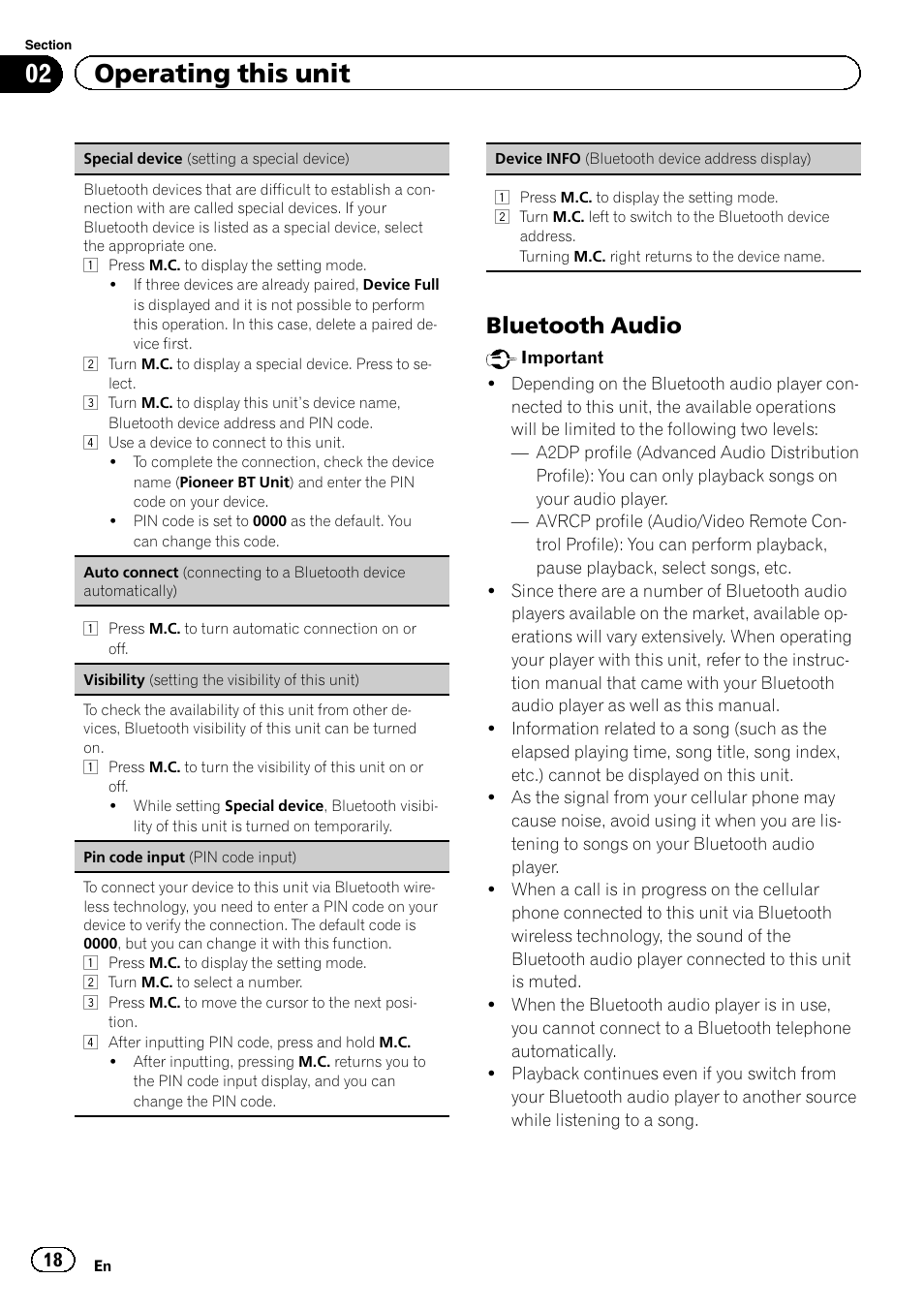 02 operating this unit, Bluetooth audio | Pioneer DEH-6400BT User Manual | Page 18 / 36