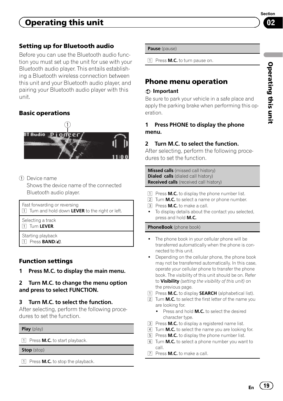 Phone menu operation, Operating this unit | Pioneer DEH-6400BT User Manual | Page 19 / 36