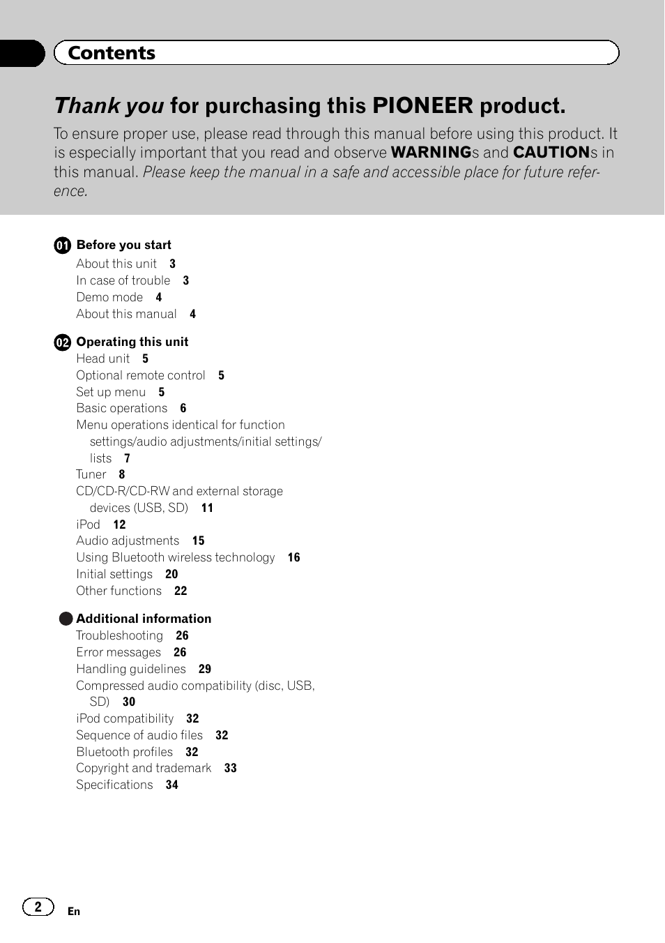 Pioneer DEH-6400BT User Manual | Page 2 / 36