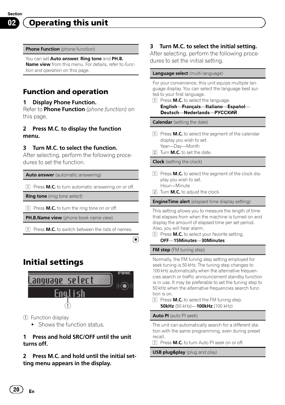 Initial settings, 02 operating this unit, Function and operation | Pioneer DEH-6400BT User Manual | Page 20 / 36