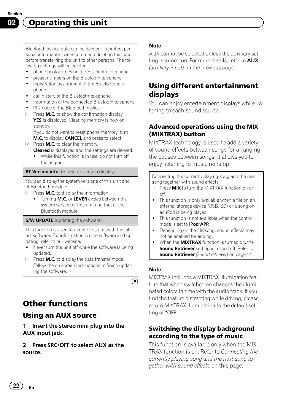 Other functions, 02 operating this unit, Using an aux source | Using different entertainment displays | Pioneer DEH-6400BT User Manual | Page 22 / 36