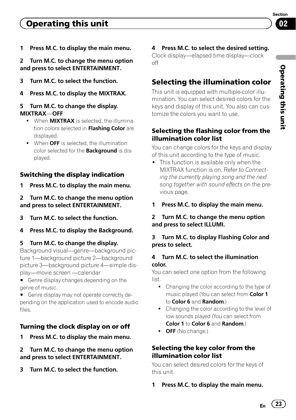 Operating this unit, Selecting the illumination color | Pioneer DEH-6400BT User Manual | Page 23 / 36