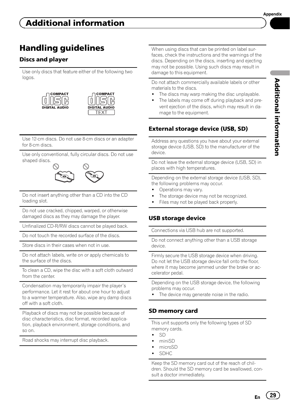 Handling guidelines, Additional information | Pioneer DEH-6400BT User Manual | Page 29 / 36