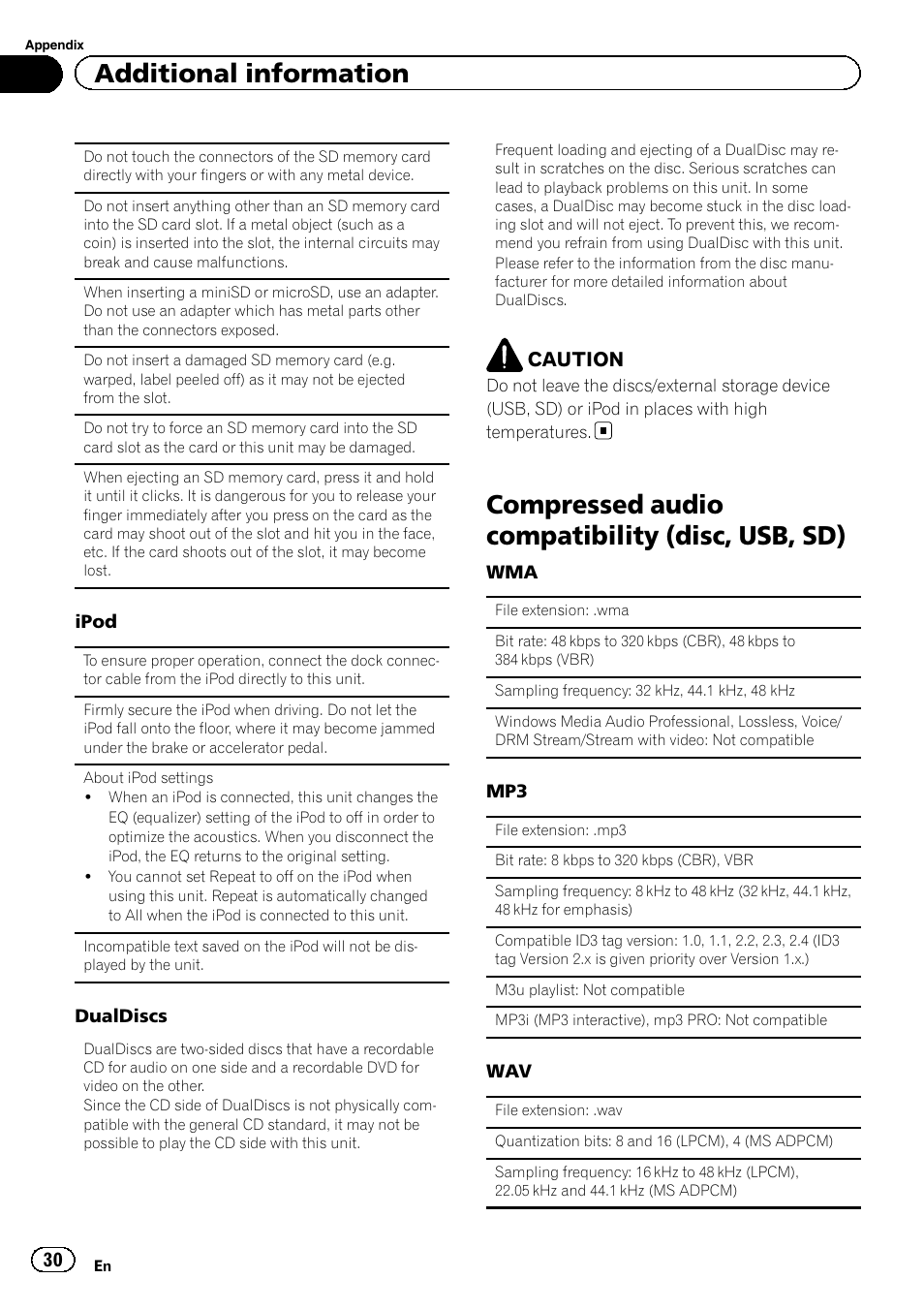 Compressed audio compatibility (disc, usb, Compressed audio compatibility (disc, usb, sd), Additional information | Caution | Pioneer DEH-6400BT User Manual | Page 30 / 36