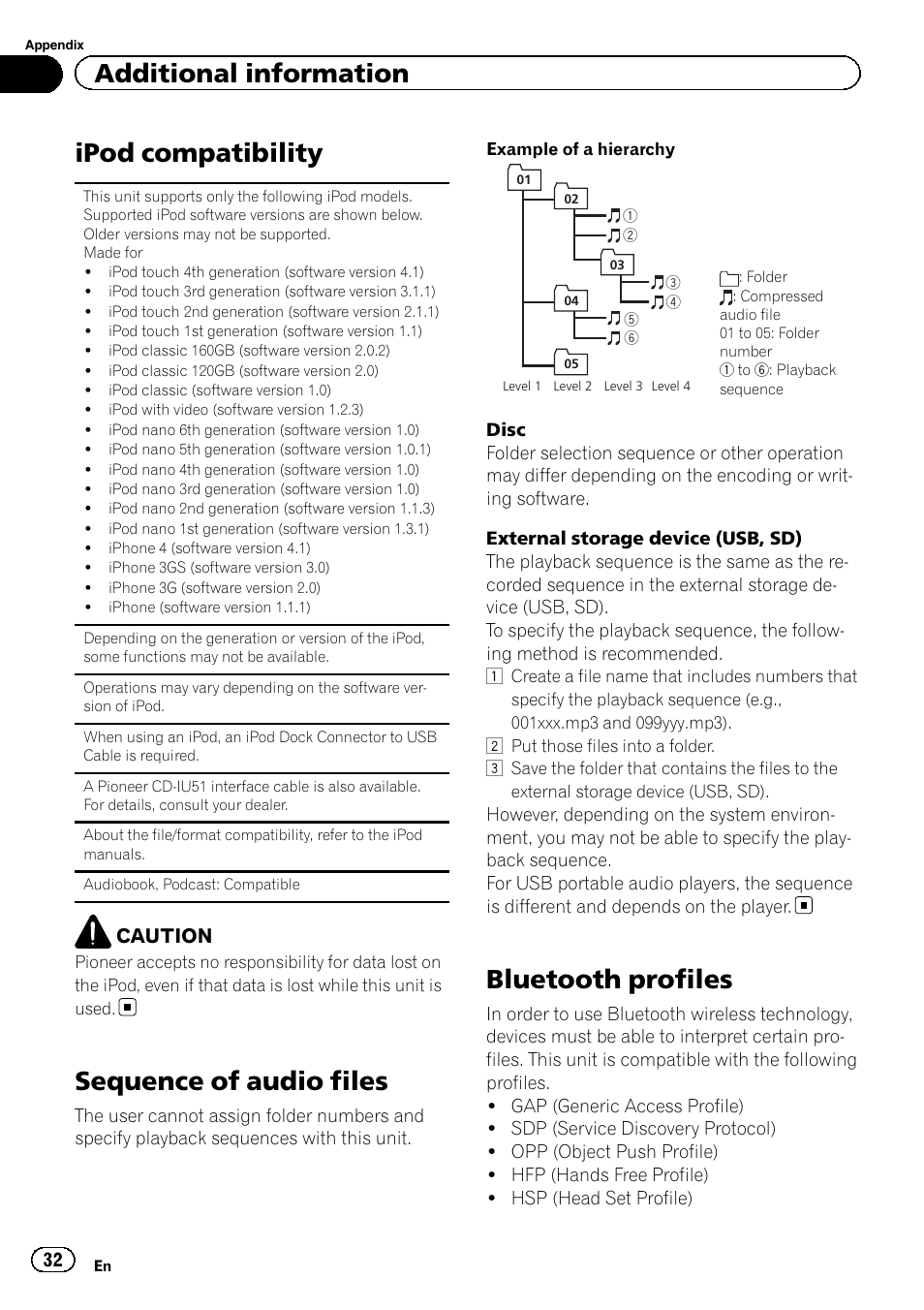 Ipod compatibility, Sequence of audio files, Bluetooth profiles | Additional information | Pioneer DEH-6400BT User Manual | Page 32 / 36