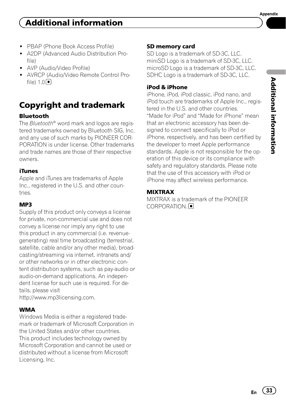 Copyright and trademark, Additional information | Pioneer DEH-6400BT User Manual | Page 33 / 36