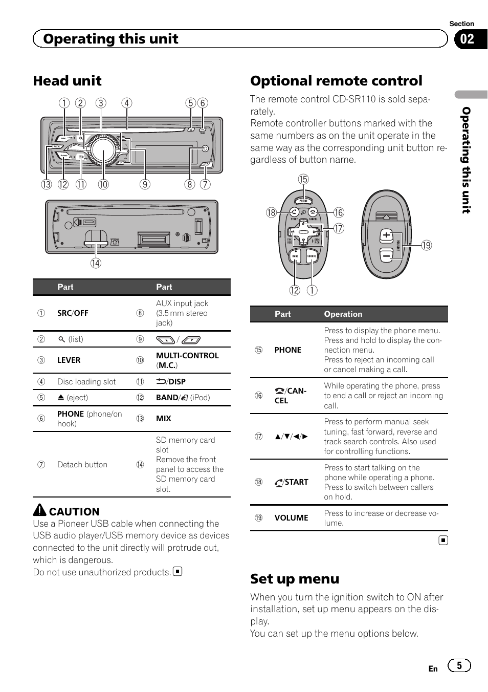 Operating this unit head unit, Optional remote control, Set up menu | Head unit, Operating this unit | Pioneer DEH-6400BT User Manual | Page 5 / 36