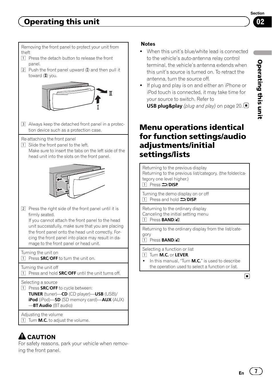 Menu operations identical for function, Settings/audio adjustments/initial settings/ lists, Operating this unit | Pioneer DEH-6400BT User Manual | Page 7 / 36