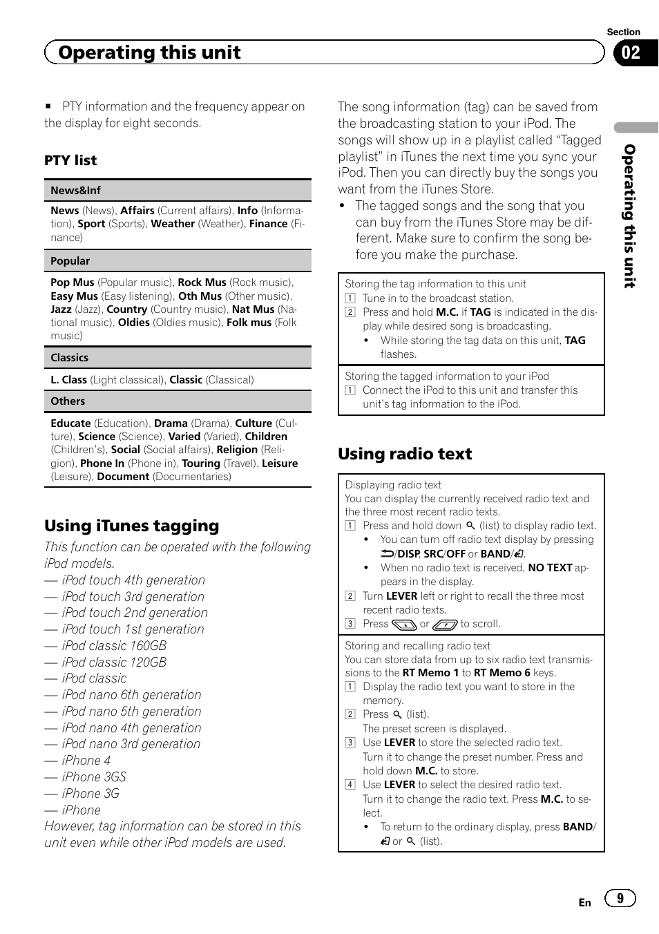 Using itunes tagging, Using radio text, Operating this unit | Pioneer DEH-6400BT User Manual | Page 9 / 36