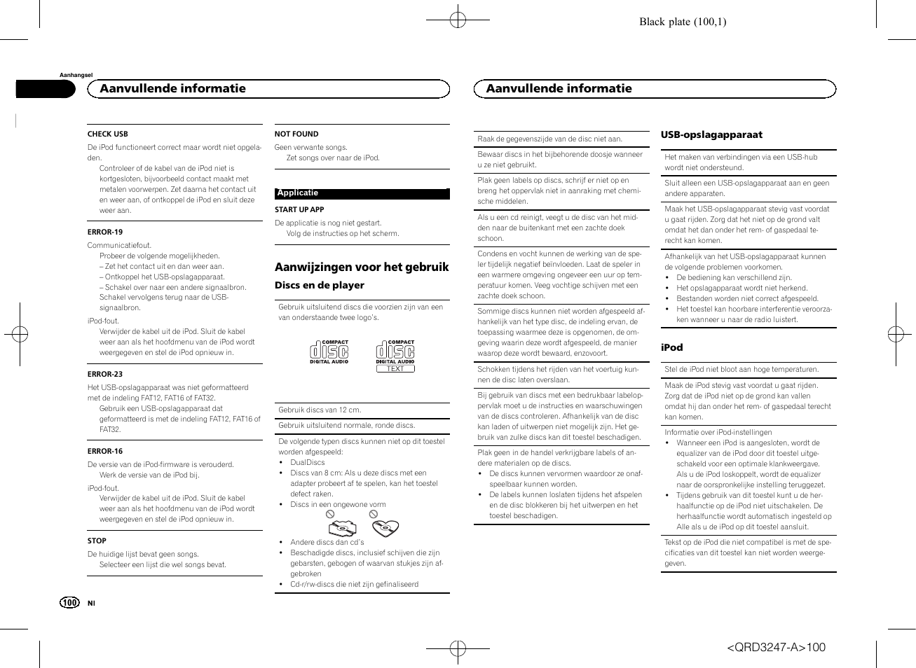 Aanwijzingen voor het gebruik, Aanvullende informatie | Pioneer FH-460UI User Manual | Page 100 / 128