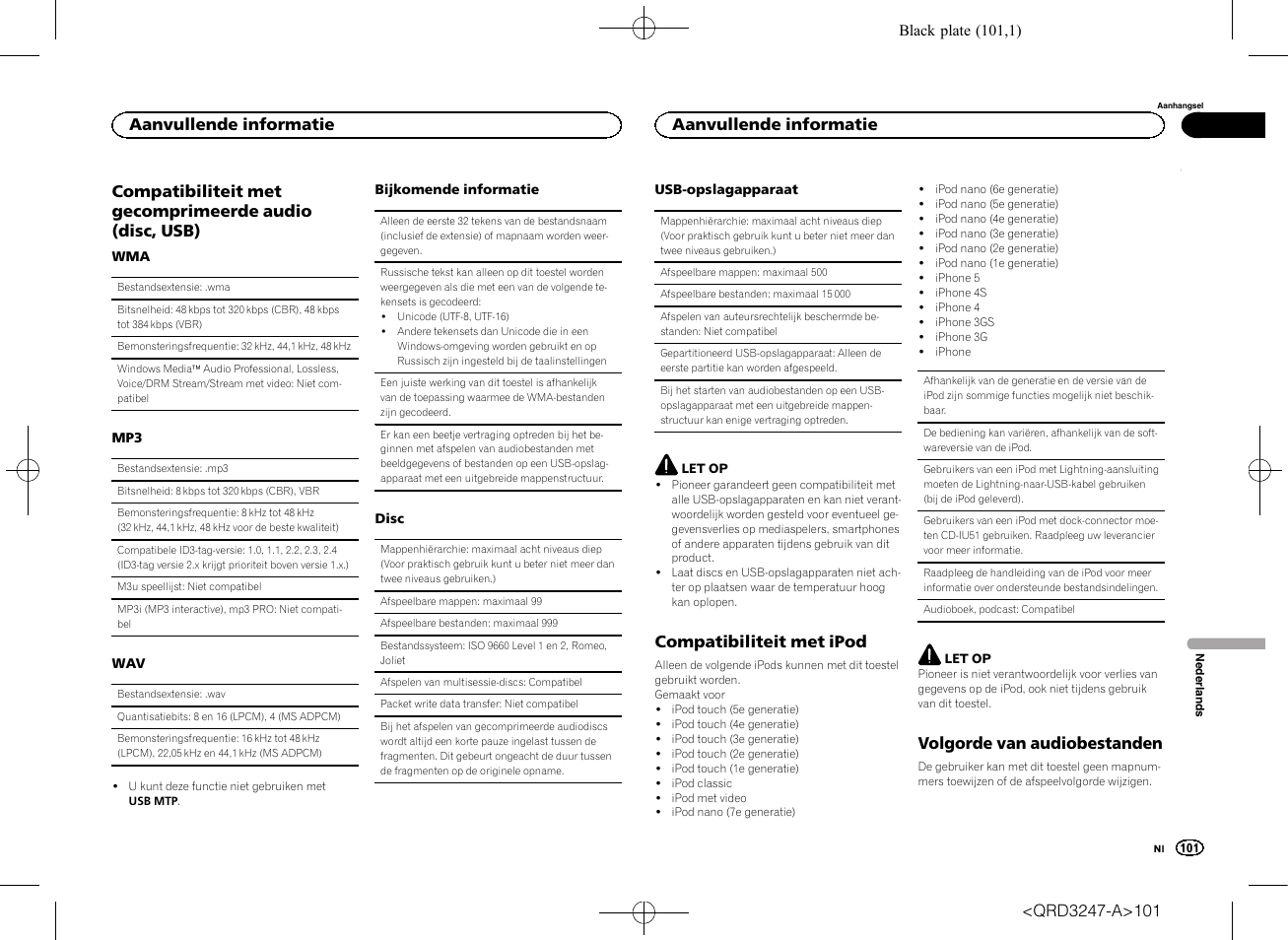 Compatibiliteit met ipod, Volgorde van audiobestanden, Aanvullende informatie | Pioneer FH-460UI User Manual | Page 101 / 128