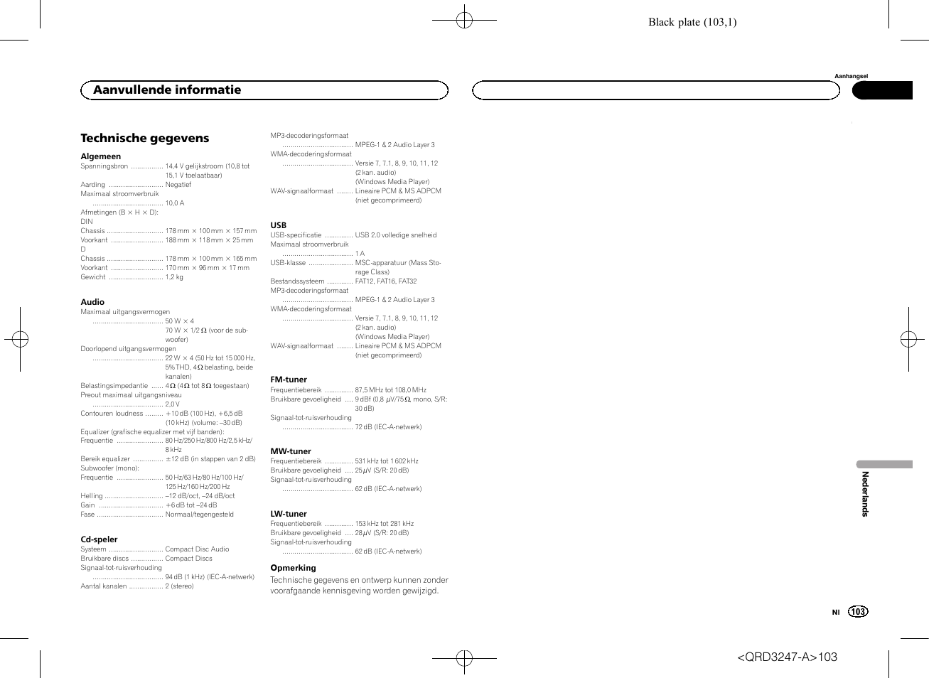 Technische gegevens, Aanvullende informatie, Black plate (103,1) | Pioneer FH-460UI User Manual | Page 103 / 128