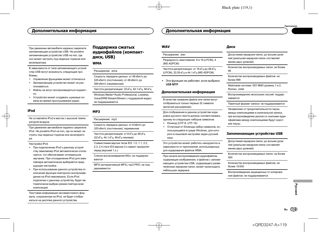 Поддержка сжатых аудиофайлов (компакт- диск, usb), Дополнительная информация | Pioneer FH-460UI User Manual | Page 119 / 128