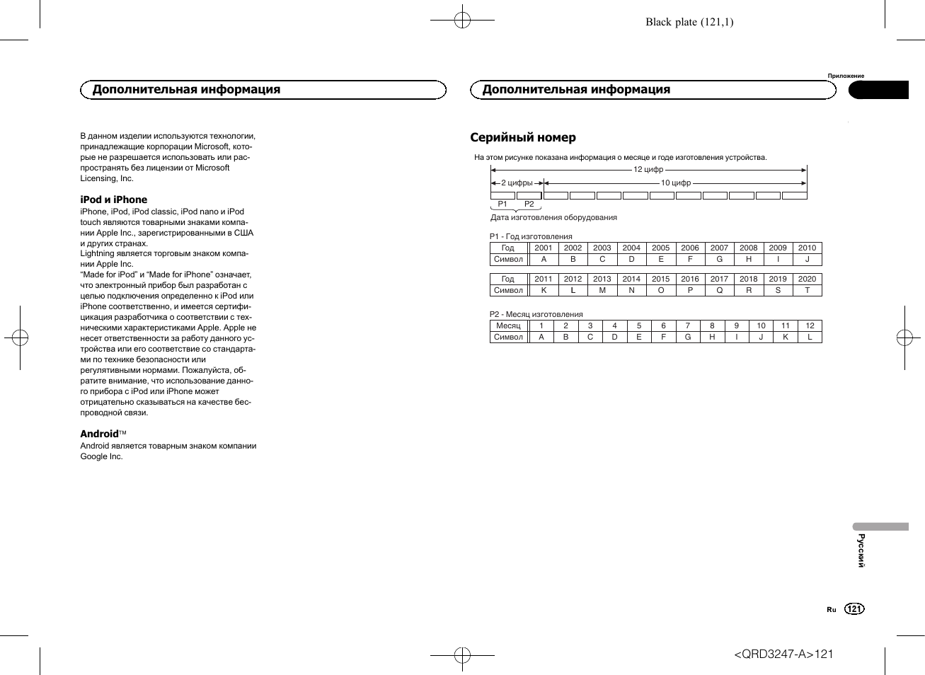 Серийный номер, Дополнительная информация | Pioneer FH-460UI User Manual | Page 121 / 128