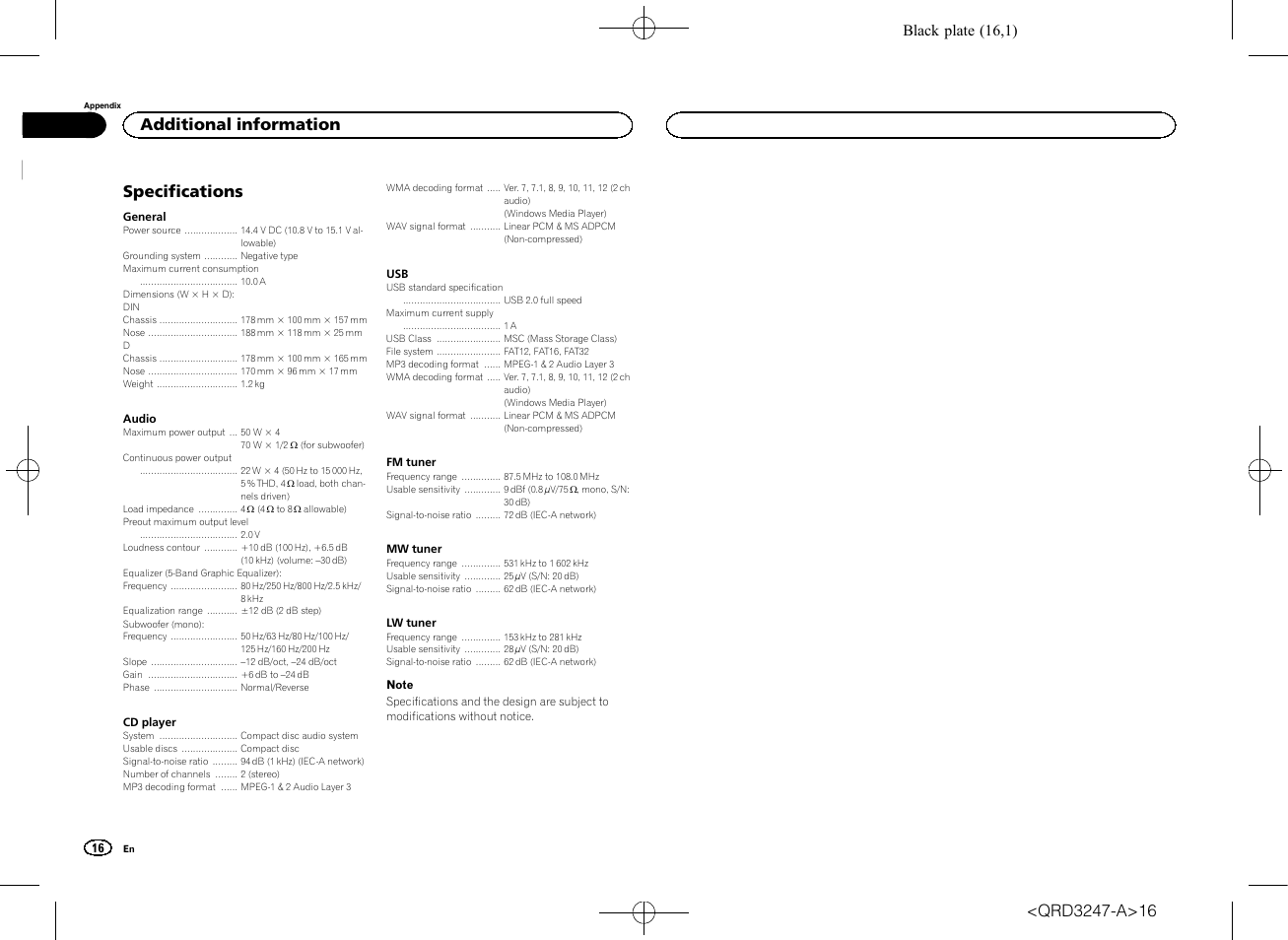Specifications, Additional information, Black plate (16,1) | Pioneer FH-460UI User Manual | Page 16 / 128