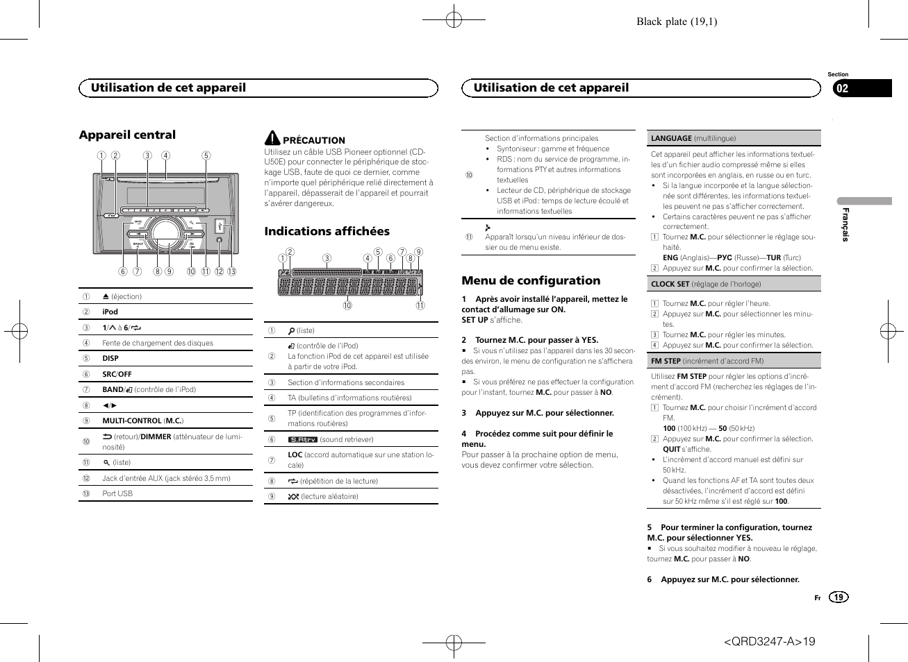 Appareil central, Indications affichées, Menu de configuration | Utilisation de cet appareil | Pioneer FH-460UI User Manual | Page 19 / 128