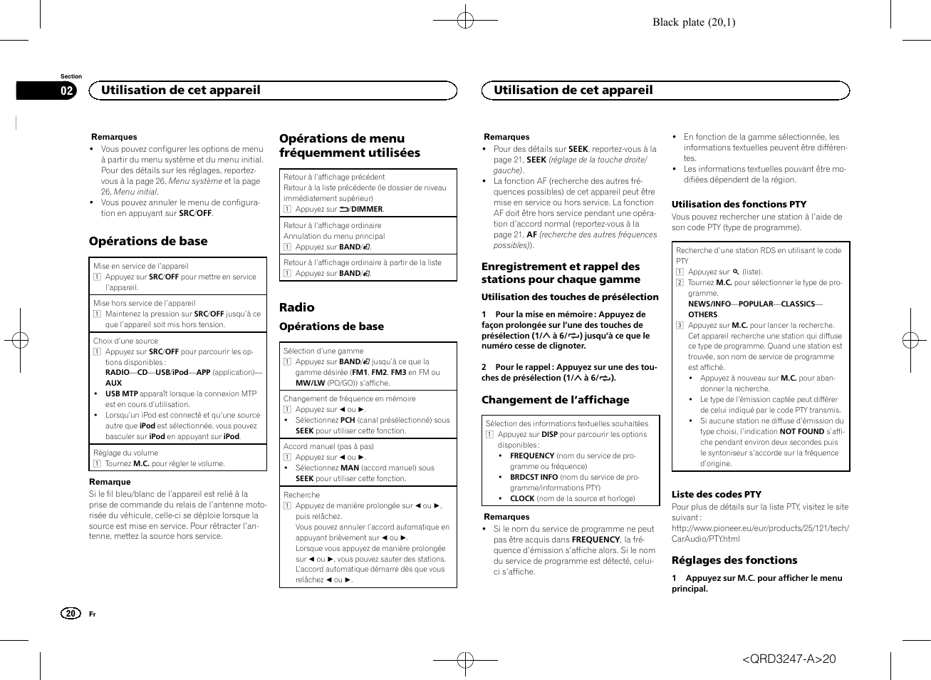 Opérations de base, Opérations de menu fréquemment utilisées, Radio | Utilisation de cet appareil | Pioneer FH-460UI User Manual | Page 20 / 128
