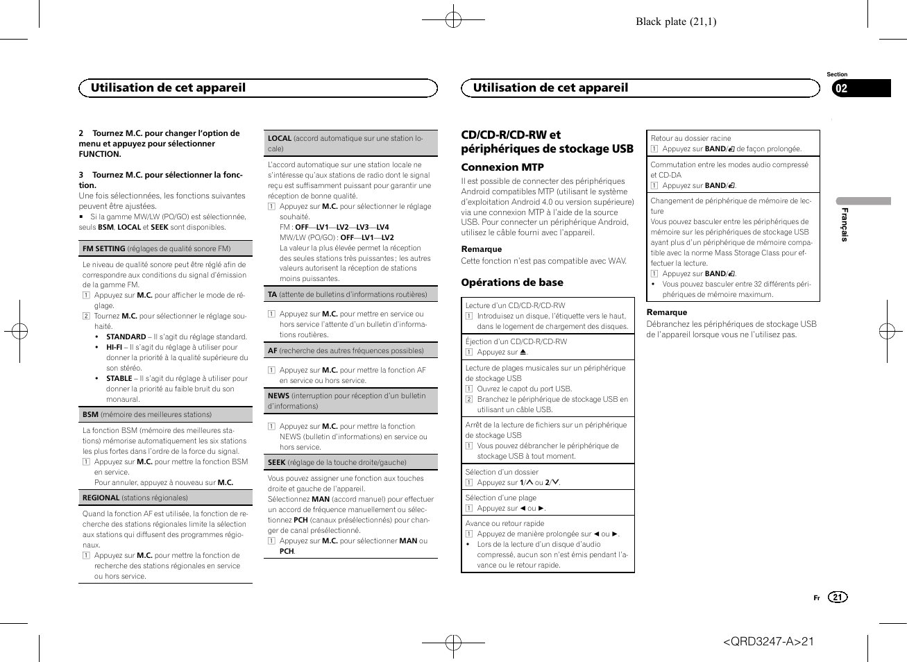 Seek (réglage de la touche droite, Gauche), Af (recherche des autres fréquences | Possibles), Cd/cd-r/cd-rw et périphériques de stockage usb, Utilisation de cet appareil | Pioneer FH-460UI User Manual | Page 21 / 128