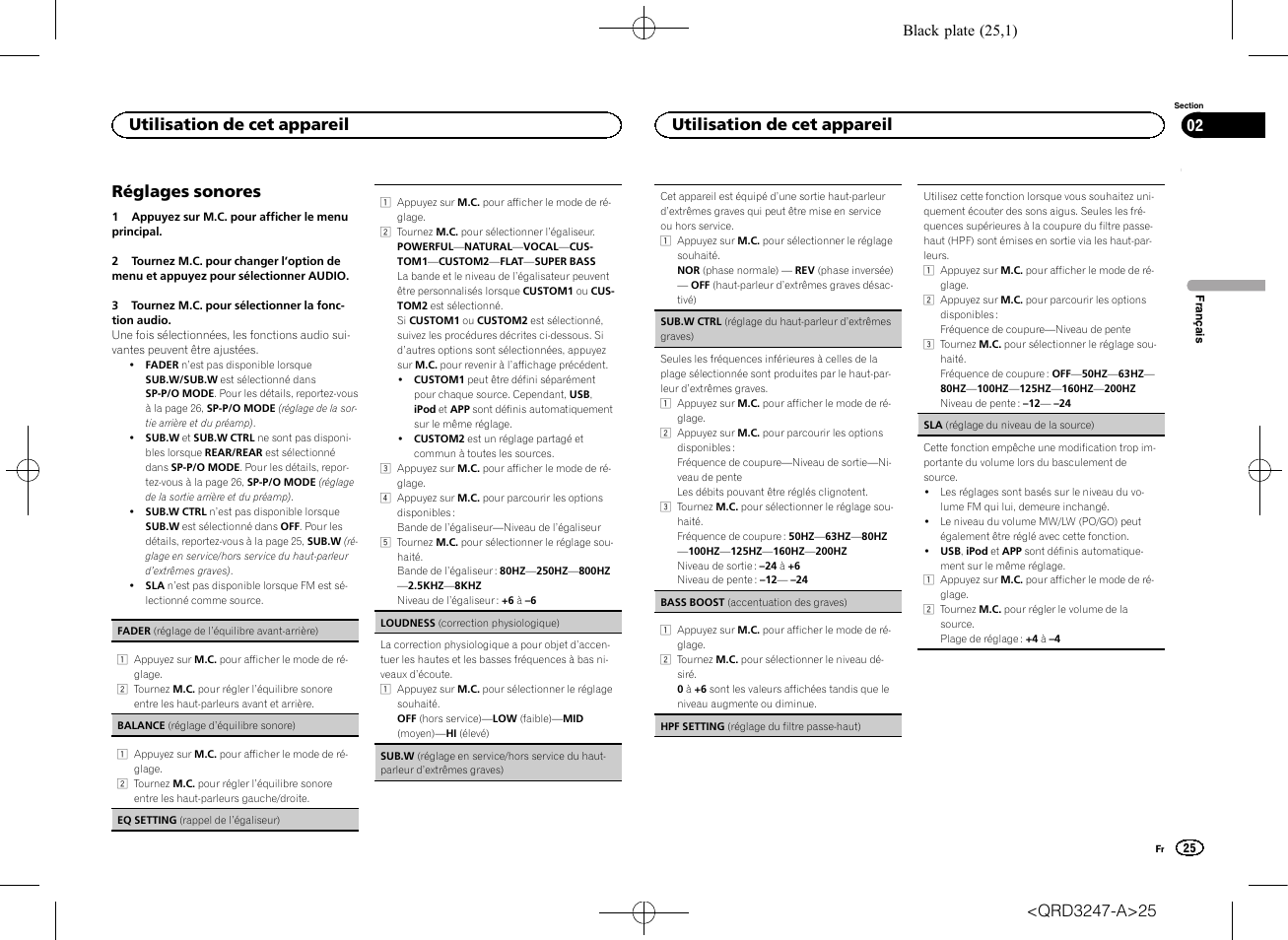 Réglages sonores, Utilisation de cet appareil | Pioneer FH-460UI User Manual | Page 25 / 128