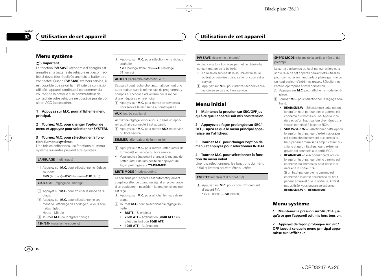 Sp-p/o mode (réglage de la sor, Tie arrière et du préamp), Sp-p/o mode (réglage | De la sortie arrière et du préamp), Menu système, Menu initial, Utilisation de cet appareil | Pioneer FH-460UI User Manual | Page 26 / 128