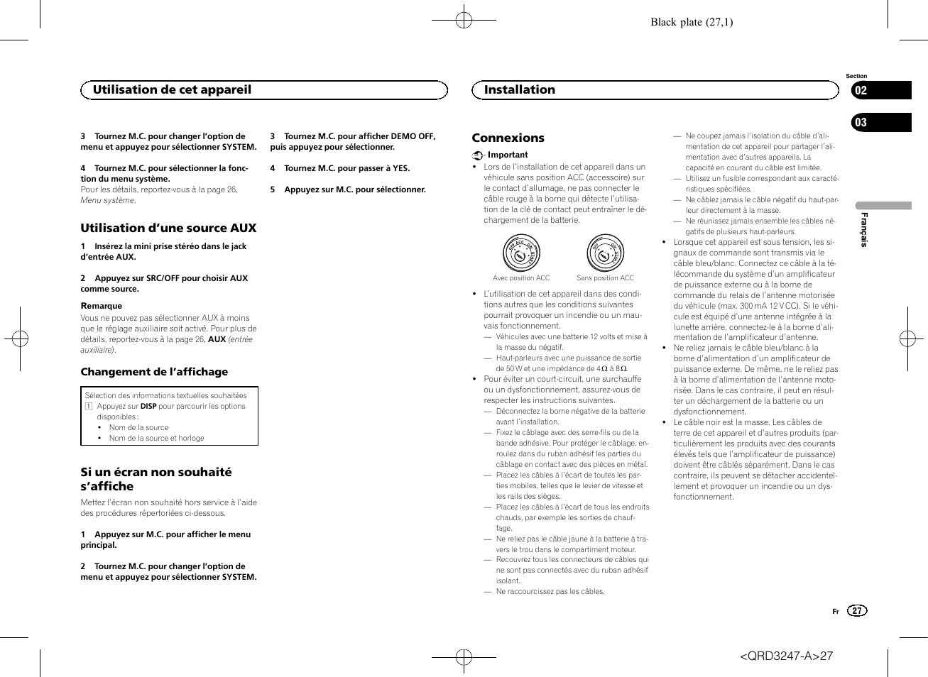 Utilisation d ’une source aux, Si un écran non souhaité s ’affiche, Connexions | Utilisation de cet appareil, Installation | Pioneer FH-460UI User Manual | Page 27 / 128