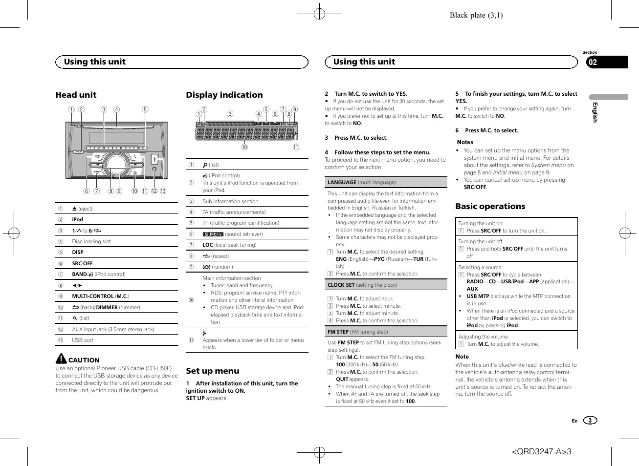 Head unit, Display indication, Set up menu | Basic operations, Using this unit | Pioneer FH-460UI User Manual | Page 3 / 128