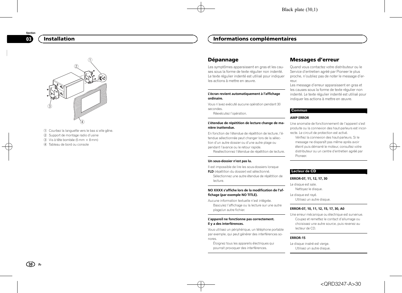 Dépannage, Messages d ’erreur, Installation | Informations complémentaires | Pioneer FH-460UI User Manual | Page 30 / 128