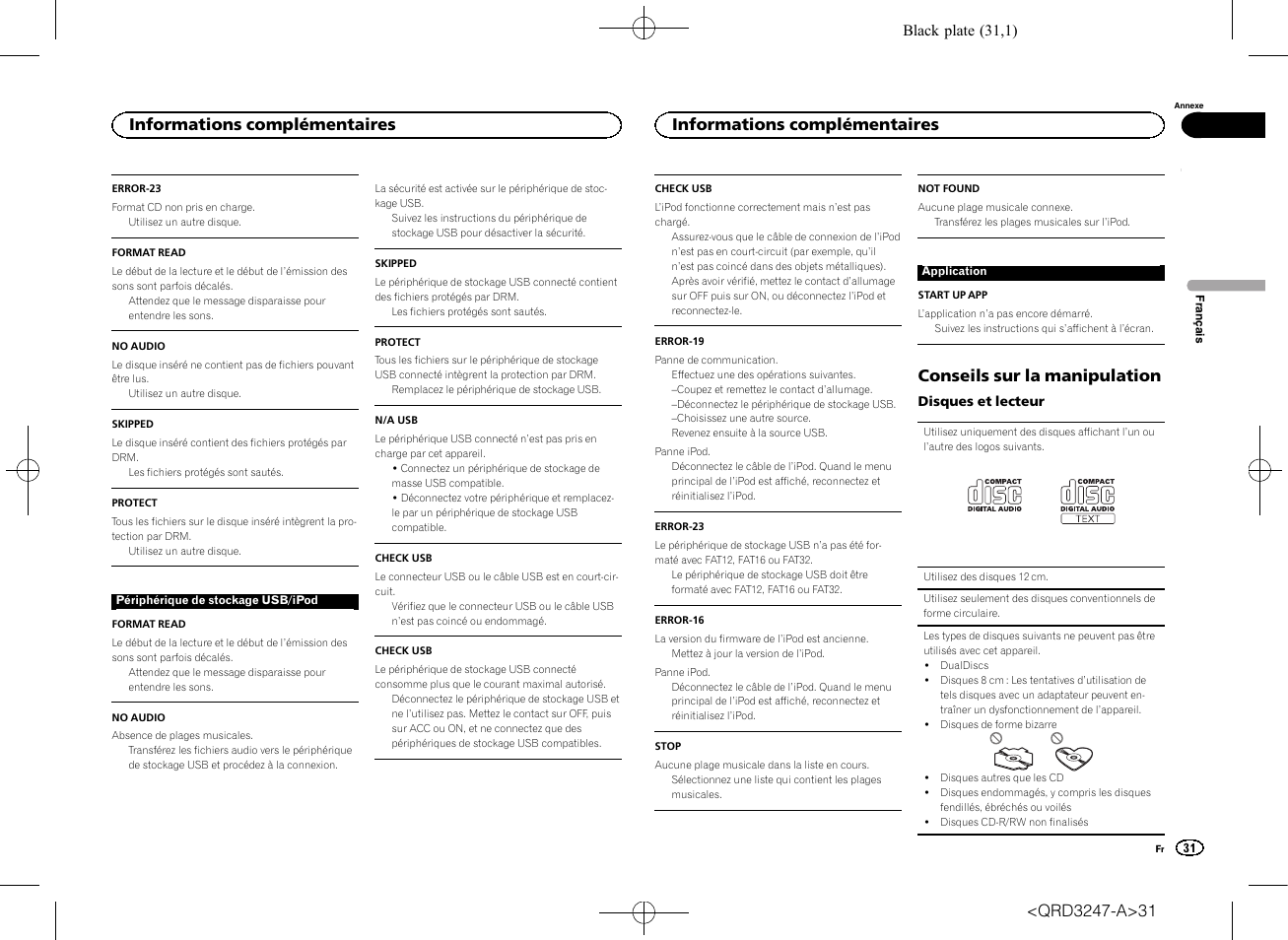 Conseils sur la manipulation, Informations complémentaires | Pioneer FH-460UI User Manual | Page 31 / 128