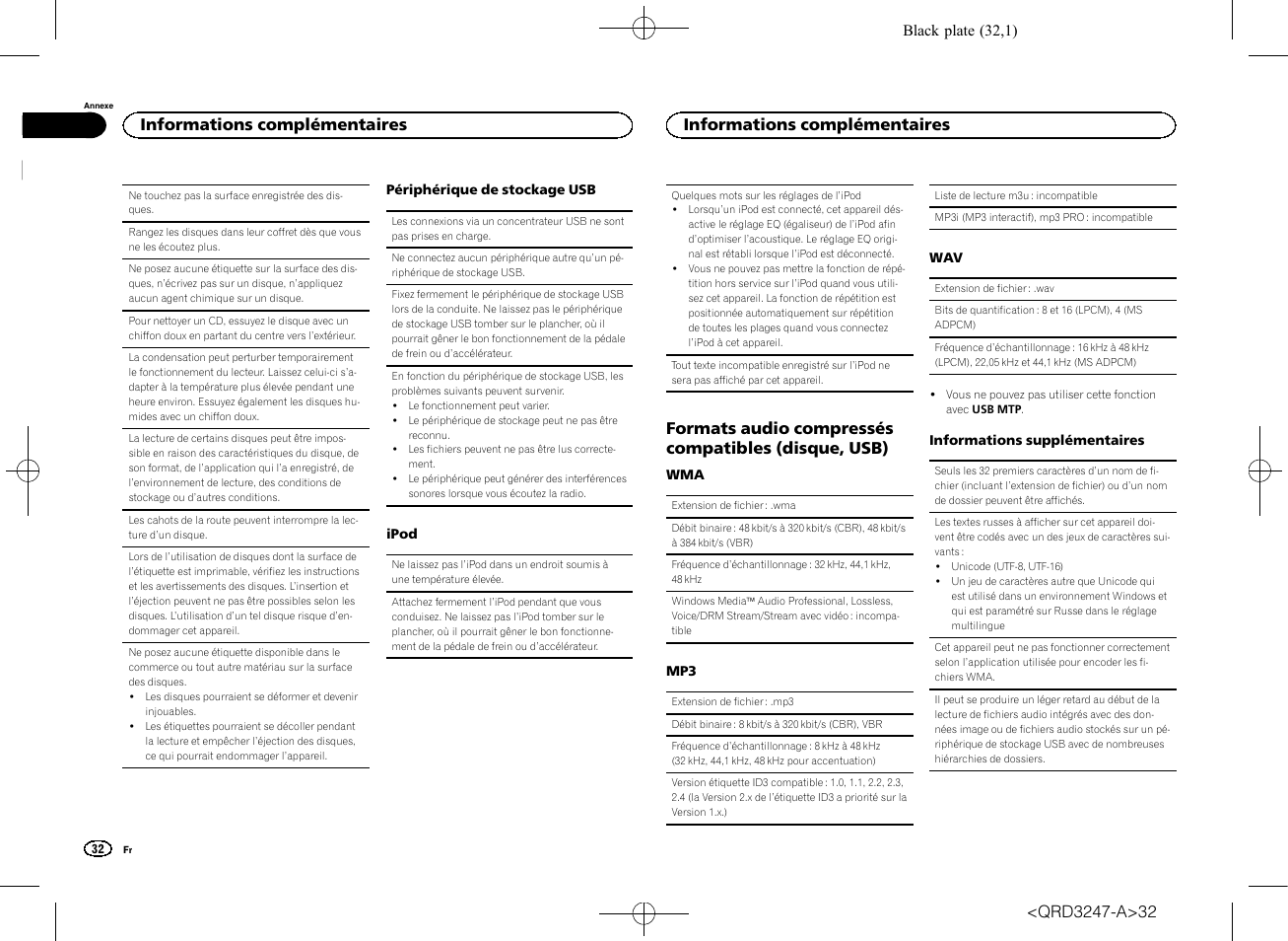 Formats audio compressés compatibles (disque, usb), Informations complémentaires | Pioneer FH-460UI User Manual | Page 32 / 128